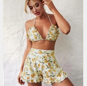 High Waist Lemon Ruffle Shorts Bikini Swimsuit